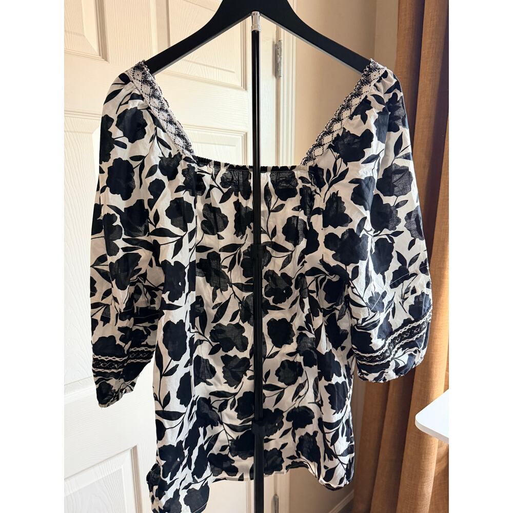 Kaktus black and white floral 100% cotton square neck top XL euc - Picture 4 of 6